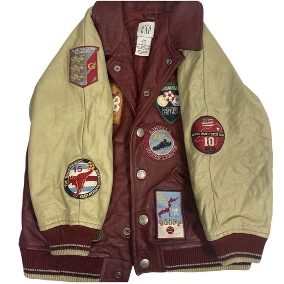 Vintage BABY GAP Red Leather Jacket w/ Sports Patches Varsity 4XL 4T Very Rare - Picture 5 of 7
